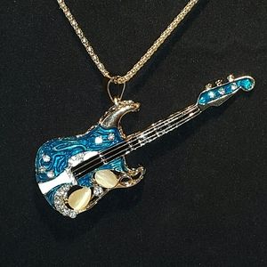#322 Guitar Pendant Cowgirl Rocker Necklace Blue Jewel
